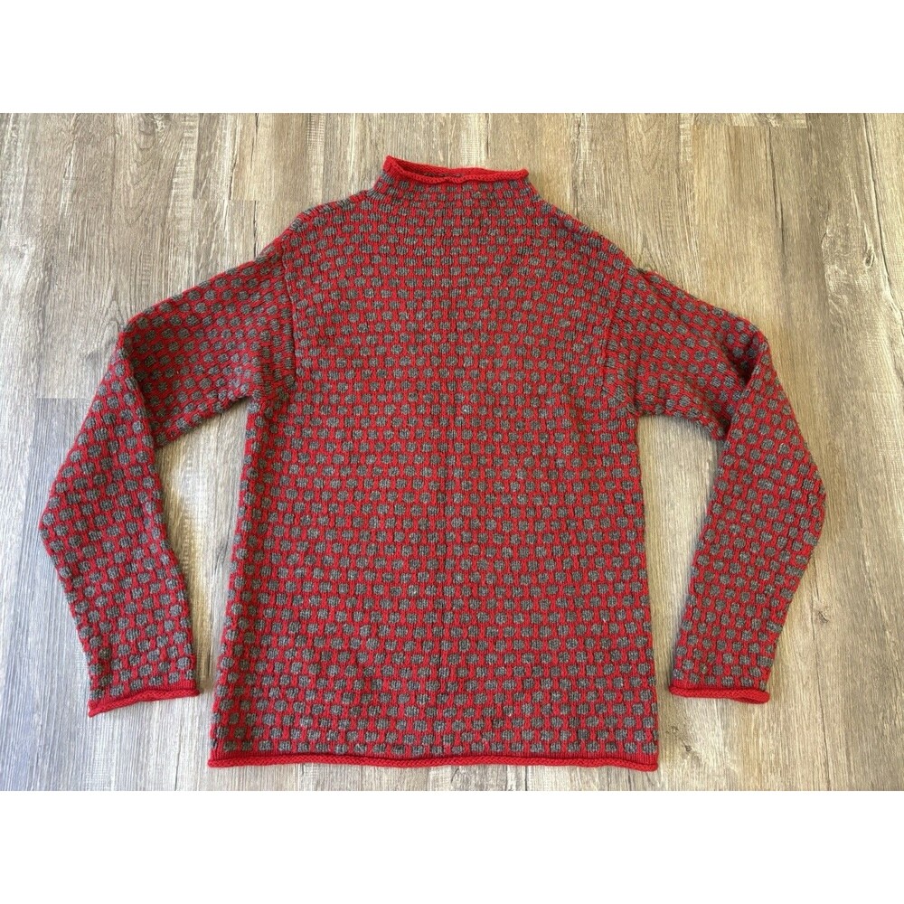 VTG J. Crew Roll Neck Handknit Sweater Men L Large Red Gray Polka Dot Wool Lamb